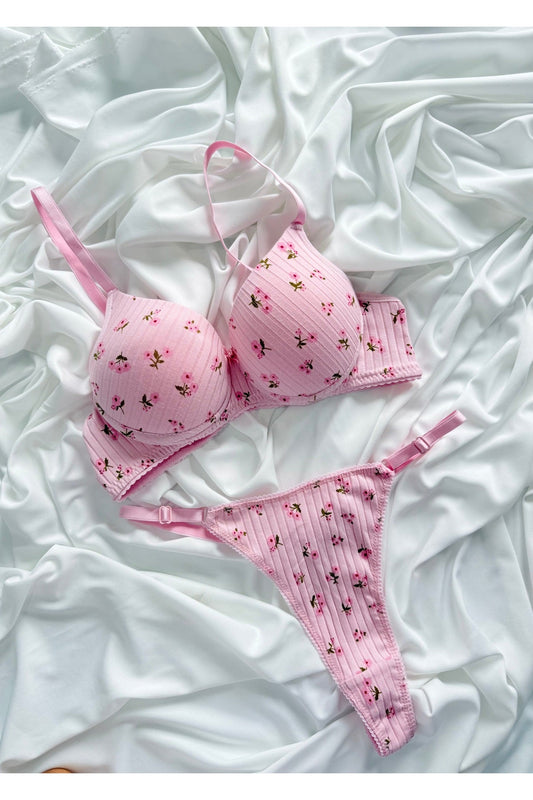 İNKO Floral Print Padded Bra & Thong Set – Pink