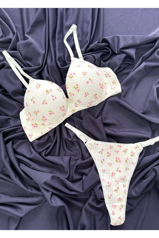 İNKO Floral Print Padded Bra & Thong Set – White