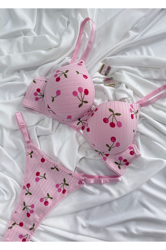 İNKO Cherry Print Padded Bra & Thong Set – Pink