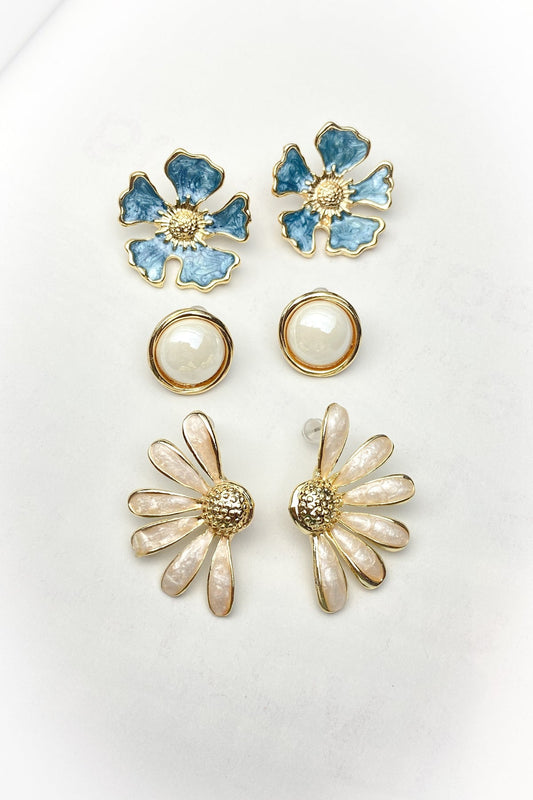Roshel Gold-Plated Blue & White Figure Earring Set – 3-Pair