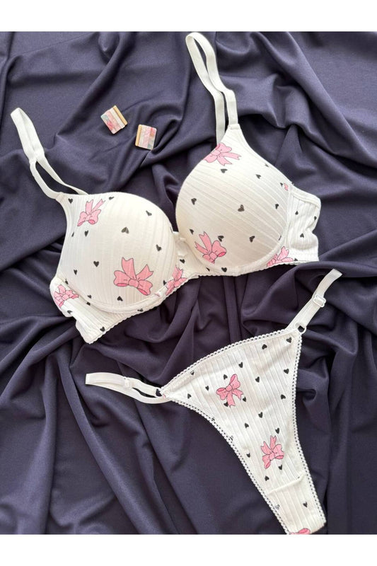 İNKO Ribbon Bow Print Padded Bra & Thong Set – White