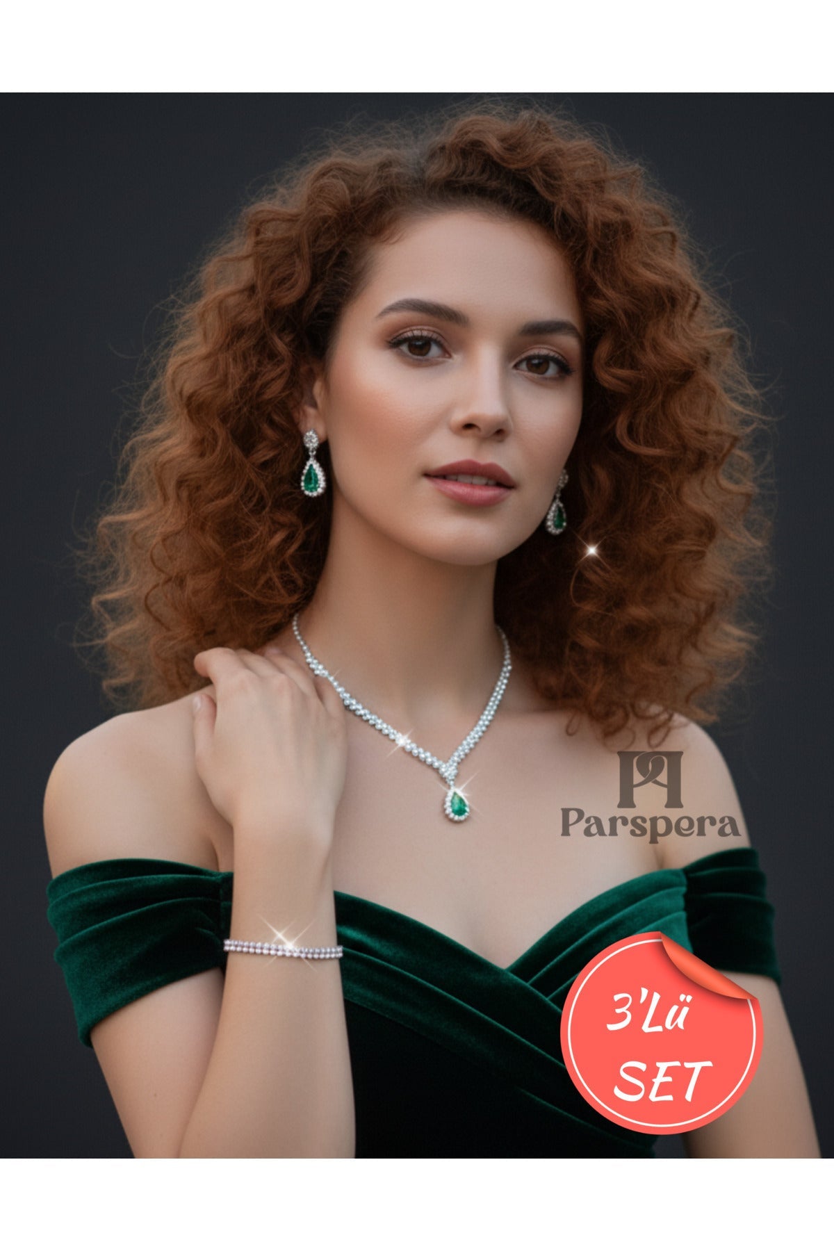 Parspera Zircon Drop Necklace, Earrings & Bracelet Set – Green (3-Piece)