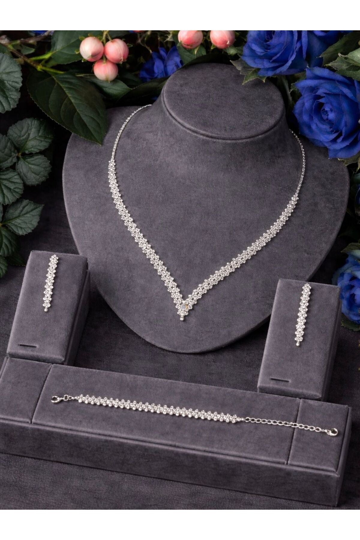 Beren Kılıç Lumina Silver-Tone Zircon Bridal Jewelry Set – Necklace, Earrings & Bracelet
