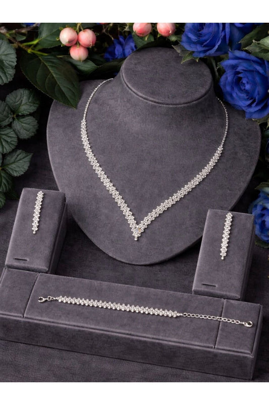 Beren Kılıç Lumina Silver-Tone Zircon Bridal Jewelry Set – Necklace, Earrings & Bracelet