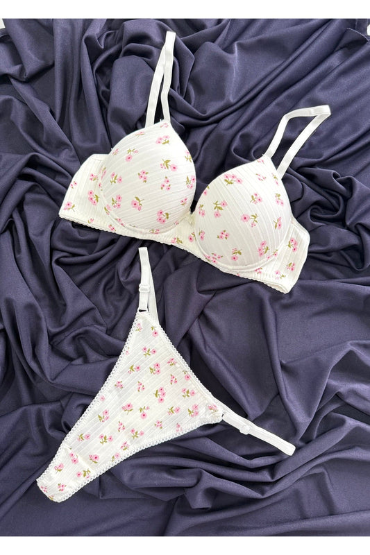 İNKO Floral Print Padded Bra & Thong Set – White