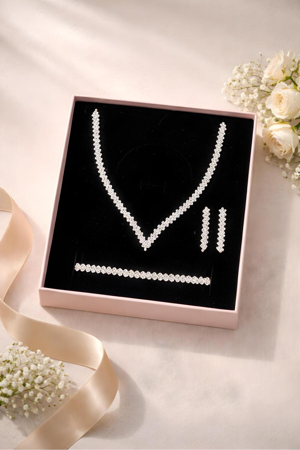 Beren Kılıç Lumina Silver-Tone Zircon Bridal Jewelry Set – Necklace, Earrings & Bracelet