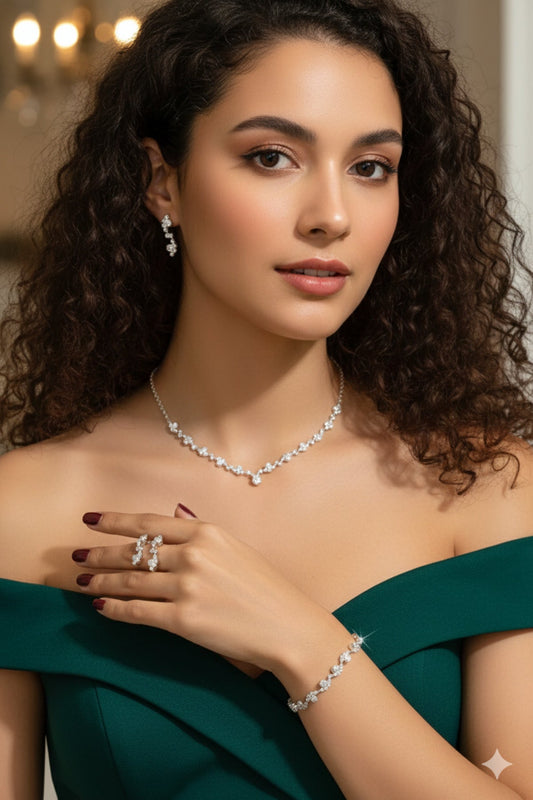 Renkada Silver-Tone Zircon Necklace, Earrings & Bracelet Set – 3-Piece
