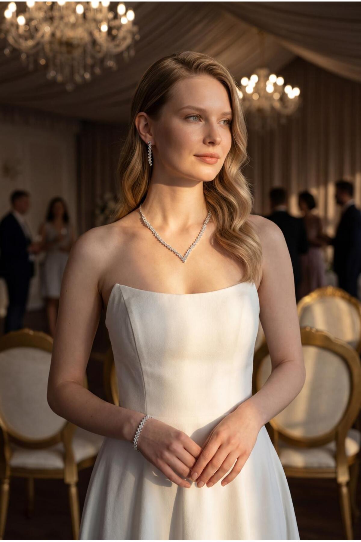Beren Kılıç Lumina Silver-Tone Zircon Bridal Jewelry Set – Necklace, Earrings & Bracelet