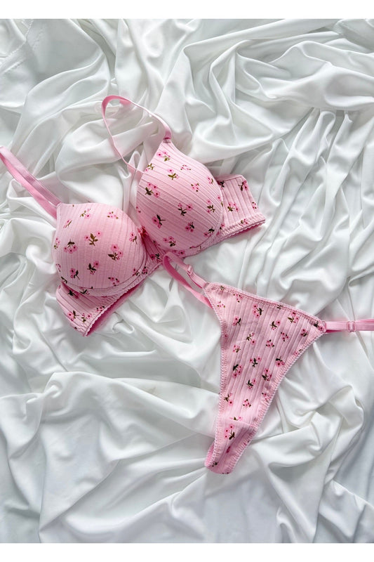 İNKO Floral Print Padded Bra & Thong Set – Pink