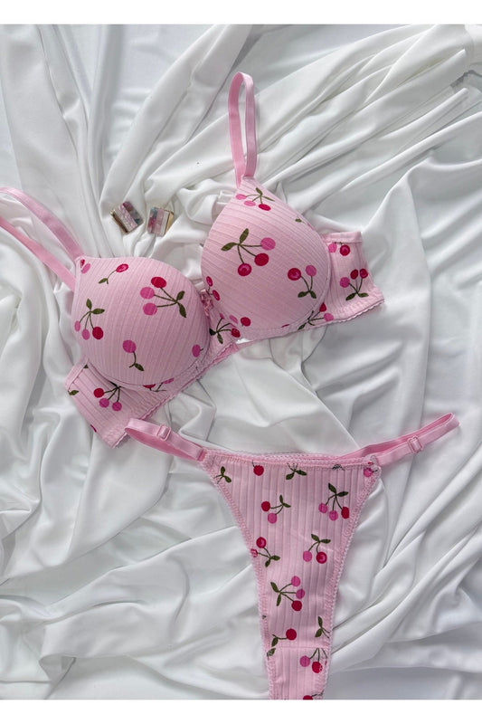 İNKO Cherry Print Padded Bra & Thong Set – Pink