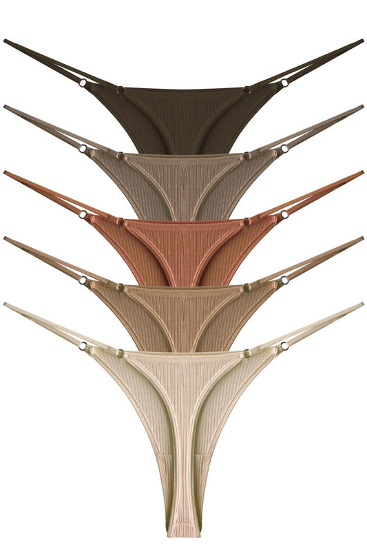 Cottonhill Ribbed Adjustable Women's Thong Panties – 5-Pack (Multicolor)