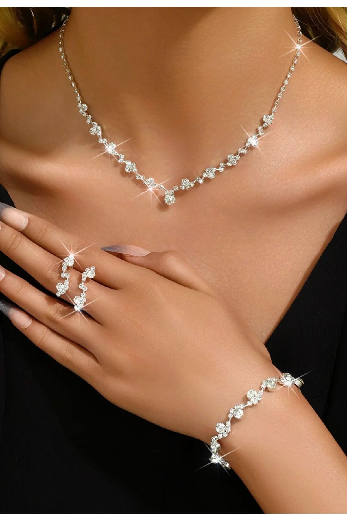 Renkada Silver-Tone Zircon Necklace, Earrings & Bracelet Set – 3-Piece