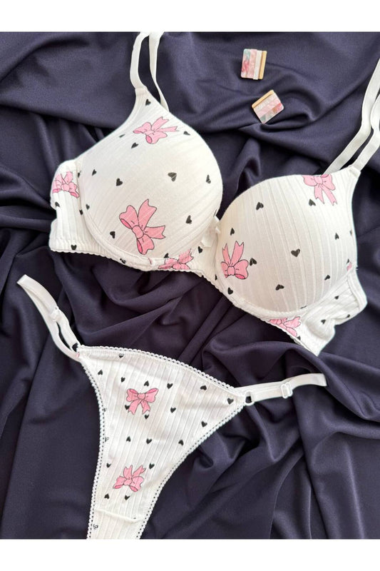 İNKO Ribbon Bow Print Padded Bra & Thong Set – White